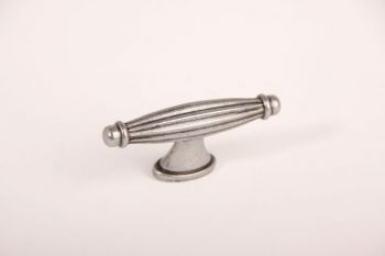 Greep T-knop zilver antiek zamac met ribbel 70mm